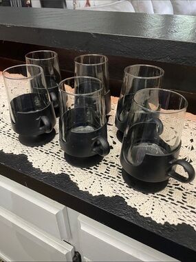 Pyrex/Corning Black Glass Coffee Mugs with Matte Black Base Set of 6